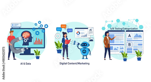 Man with computer. AI-Enhanced Automated Customer Engagement. A-B Testing and AI-Refined Marketing.