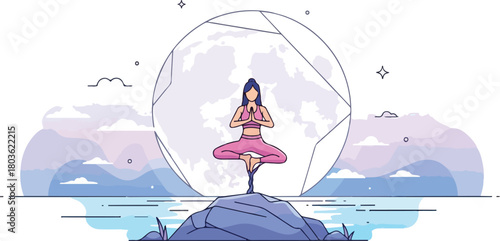 Woman practices yoga on a rock surrounded by geometric shapes and water