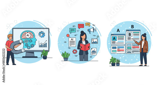 Man with computer. AI-Enhanced Automated Customer Engagement. A-B Testing and AI-Refined Marketing.