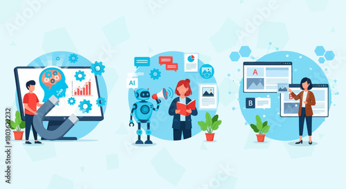 Man with computer. AI-Enhanced Automated Customer Engagement. A-B Testing and AI-Refined Marketing.