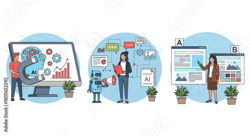 Man with computer. AI-Enhanced Automated Customer Engagement. A-B Testing and AI-Refined Marketing.