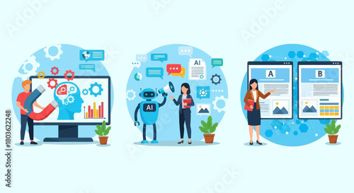 Man with computer. AI-Enhanced Automated Customer Engagement. A-B Testing and AI-Refined Marketing.