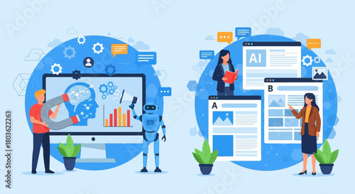 Man with computer. AI-Enhanced Automated Customer Engagement. A-B Testing and AI-Refined Marketing.