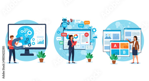 Man with computer. AI-Enhanced Automated Customer Engagement. A-B Testing and AI-Refined Marketing.