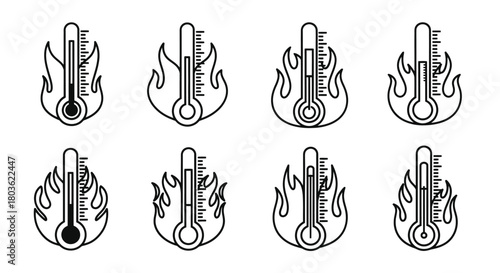 Black and white illustration of thermometers with rising temperature and flames