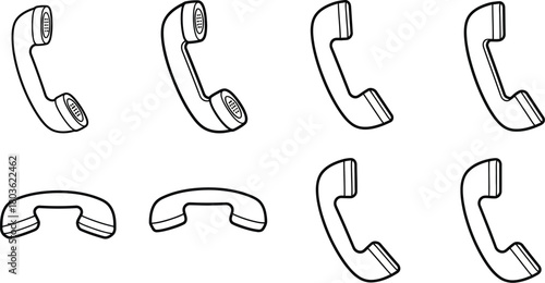 Simple black and white line drawing of multiple telephone handsets arranged neatly