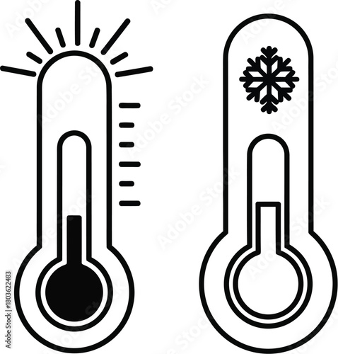 Two thermometers displaying hot and cold temperatures in a simple black and white style
