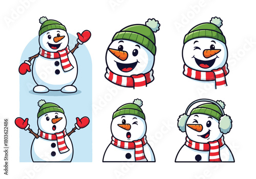 Collection of cartoon snowmen wearing green hats and red and white scarves, expressing various emotions.
