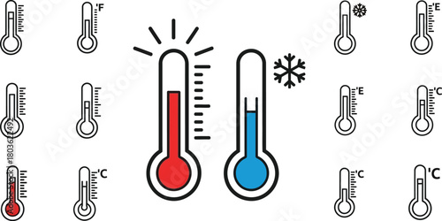 A collection of various thermometer icons depicting different temperature readings