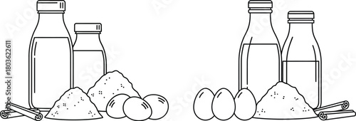 Simple black and white illustration of bottles eggs cinnamon and sugar