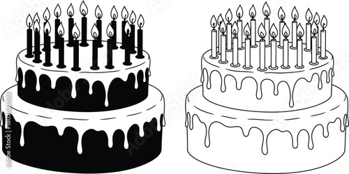 Two tiered cakes with lit candles a celebration illustration in black and white