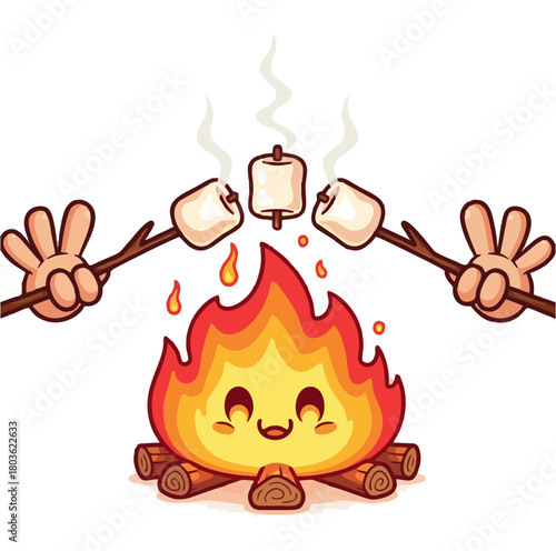 Cartoon campfire with marshmallows being roasted on sticks by hands.