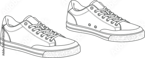 A pair of casual canvas sneakers shown in a simple black and white sketch