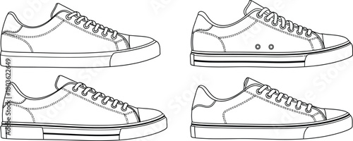 Black and white outline of four casual sneakers side and angled views