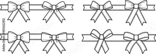 A collection of black and white ribbon bow illustrations in a repeating pattern