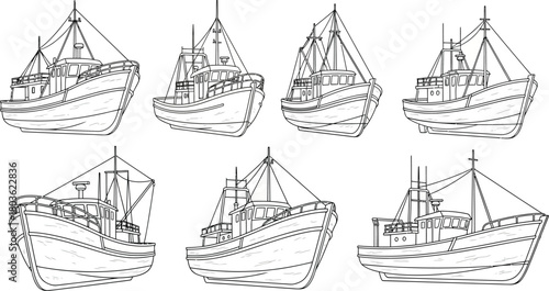Line art illustration of various fishing boats with detailed rigging