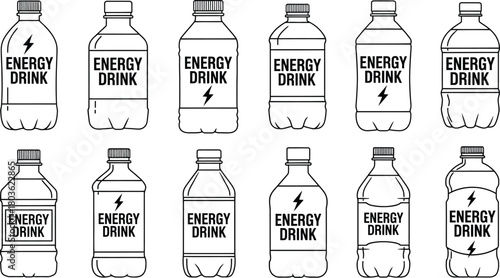 Outline of multiple plastic water bottles labeled with energy drink branding