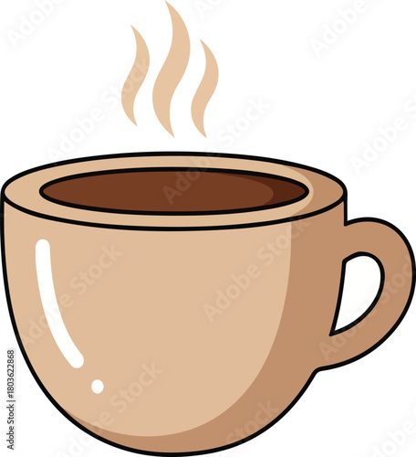Illustration of a steaming cup of coffee or tea, filled with a dark brown liquid, depicted in a simple, cartoon style.