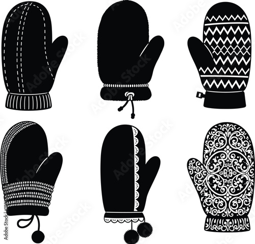 Set of Cozy Winter Mitten Silhouettes, Featuring Knitted Patterns, Fur Trim, and Decorative Ornaments, Cold Weather Clothing Flat Vector Illustration