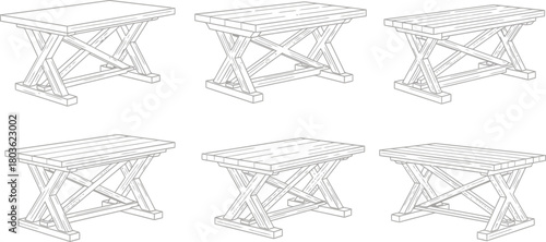 Six simple wooden tables with x shaped bases a clean line drawing