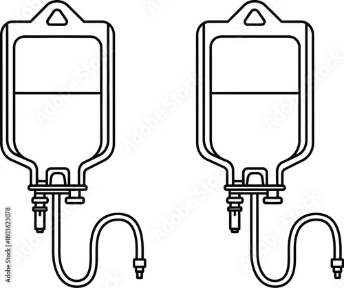 Simple line drawing of two medical iv bags with tubing and drip