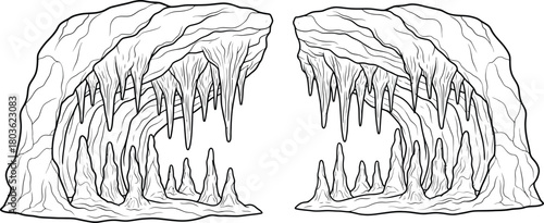 Detailed sketch of a cave entrance featuring stalactites and stalagmites