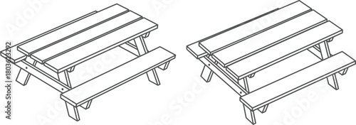 Simple line drawing of two wooden picnic tables viewed from above