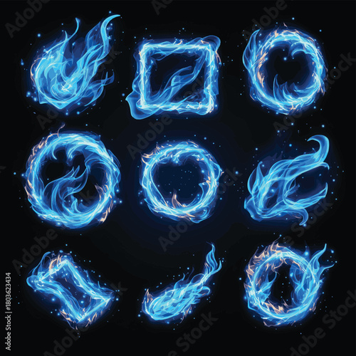 Blue burning fire frames set - square, circle and rectangle shape borders with realistic flame, fiery light streak effect isolated on black background