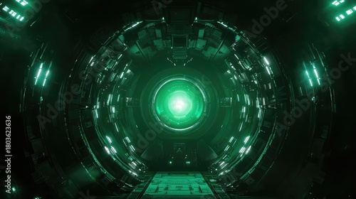 Fototapeta Naklejka Na Ścianę i Meble -  Futuristic sci fi tunnel with glowing green light and abstract digital portal