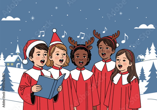 A group of children wearing Christmas attire sing carols from a book in a snowy winter scene.