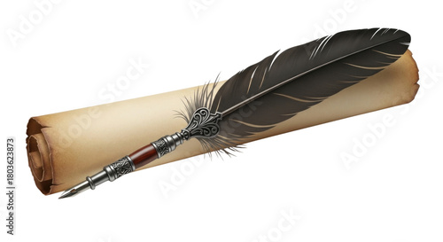 Ancient quill and scroll transparent background cutout png