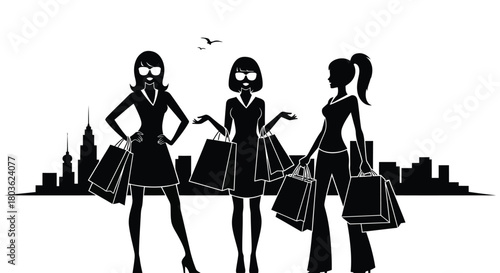 Stylish shoppers celebrating retail therapy in modern city setting