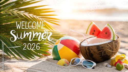 a vibrant summer scene features a tropical beach with a welcome message colorful beach ball and refreshing watermelon and coconut drinks