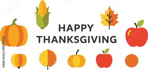 Happy Thanksgiving with Pumpkin, Corn, Apple & Autumn Leaves – Simple Fall Harvest Icons for Cards, Social Media & Print