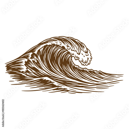 Detailed brown sketch of a powerful ocean wave isolated on a white background creating a vintage art vibe.