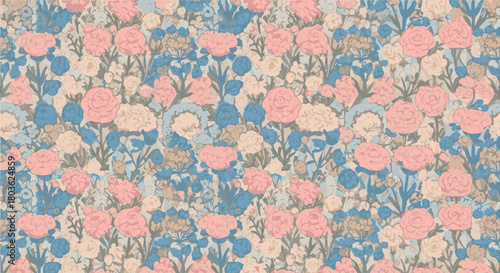 Seamless vintage floral pattern with delicate pink and blue stylized flowers