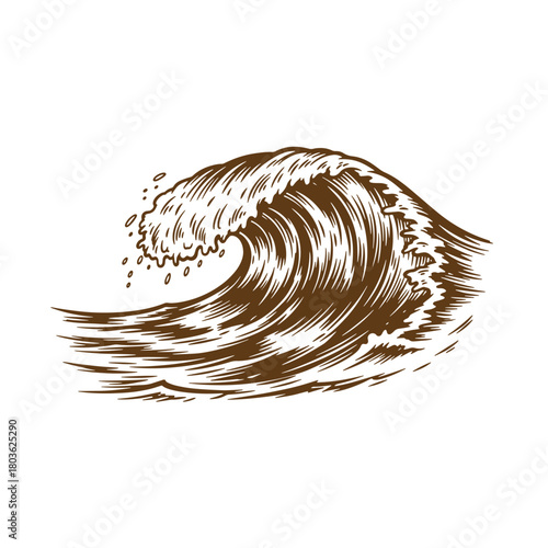 Detailed brown sketch of a surging ocean wave suitable for vintage art designs