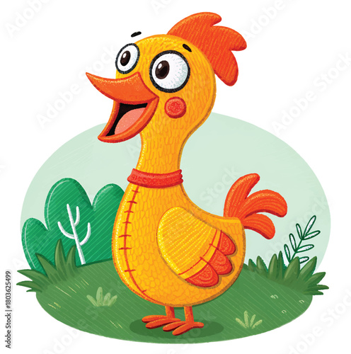 Joyful cartoon chicken with big eyes and open beak smiles in a grassy meadow, perfect for children's books and cheerful designs.