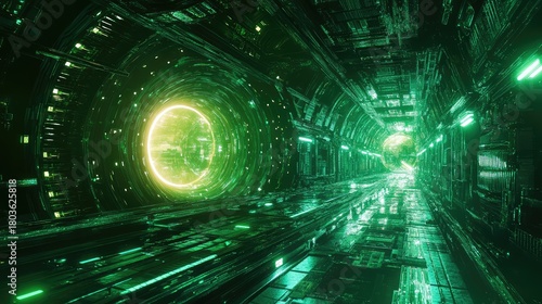 Fototapeta Naklejka Na Ścianę i Meble -  Futuristic sci fi tunnel with glowing portal leading forward