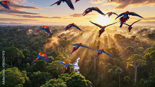 Amazon Rainforest Sunrise - Macaws Soaring Above the Canopy.