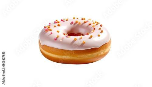 Glazed doughnut with multi-colored sprinkles on black background