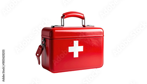 Glossy red first aid kit w/ white cross on black background