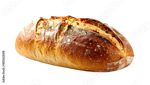 Loaf of rustic bread with crusty top, isolated on black