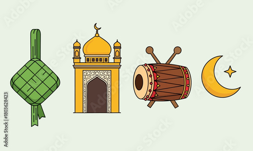 Eid alFitr Celebration Elements Mosque Ketupat Drum Crescent.