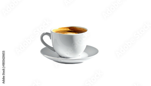 Coffee in white ceramic cup and saucer isolated on black