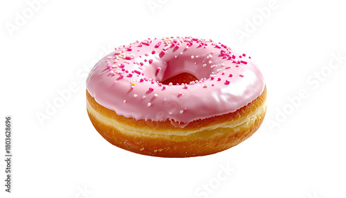 Pink frosted donut with sprinkles isolated on a black backdrop