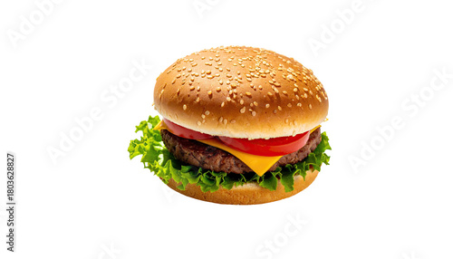 Delicious burger featuring sesame bun, cheese, tomato, and lettuce