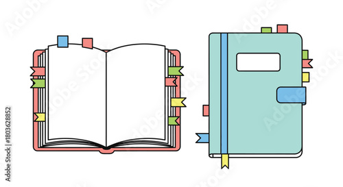 Open notebook with blank pages and colorful sticky tabs next to a closed planner with bookmark