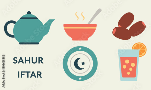 Ramadan Iftar and Suhoor Meal Illustration Set.