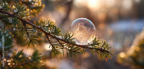 Frozen soap bubble on pine branch in morning light